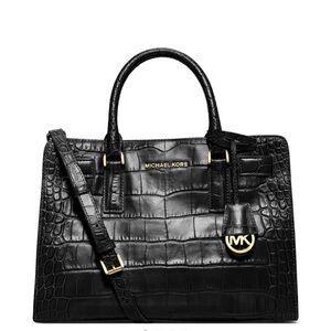Michael Kors Black Croc-Embossed Satchel with Gold Accents
